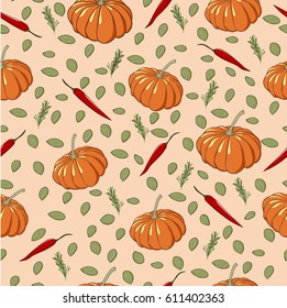 Seamless vector pattern. Pumpkin, chilly pepper and rosemary pattern on the light background.