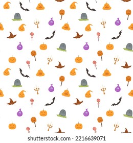Seamless vector pattern of pumpkin, grave, witch hat, candlestick, bat and sweets. Autumn pattern for halloween decor. Illustration on a white background for print, decoration, web, sites, design