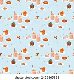 Seamless vector pattern with pumpkin, pie, cookies with chocolate, spicy coffee latte, cupcakes, cake, donuts, roll.
