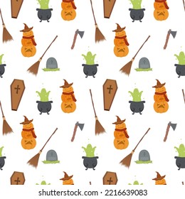 Seamless vector pattern of pumpkin snowman, axe, grave, coffin and ghost in witch's cauldron. Autumn pattern for halloween decor. Illustration on a white background for print, decoration, web, sites, 