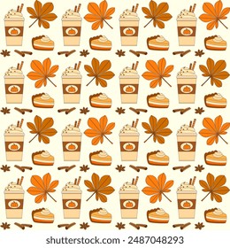 Seamless vector pattern of pumpkin spice latte cup, pumpkin pie and chestnut leaves, decorative wallpaper, wrapping, textile print. 