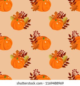 Seamless vector pattern with pumpkins and autumn leaves. Autumn seasonal holidays. Thanksgiving. Greeting card, packing design. Farm, harvest, fall background. Stock vector illustration.  