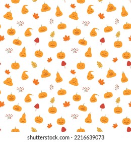 Seamless vector pattern of pumpkins, autumn leaves, mushrooms and berries. Autumn pattern for halloween decor. Illustration on a white background. Orange pumpkins with faces for print, decoration, web