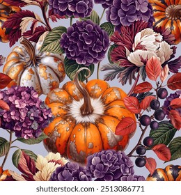 Seamless vector pattern with pumpkins and autumn garden flowers isolated on a changeable background. Vintage painting style illustration.