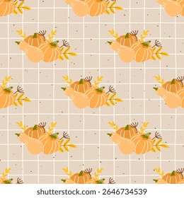 Seamless vector pattern with pumpkins, autumn leaves, and fall foliage. Cozy design for textiles, wrapping paper, and childrens clothing.