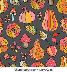 Seamless vector pattern with pumpkins and autumn leaves. Lovely illustration for Thanksgiving or Halloween. Good for textile fabric design, wrapping paper and website wallpapers.