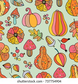 Seamless vector pattern with pumpkins and autumn leaves. Lovely illustration for Thanksgiving or Halloween. Good for textile fabric design, wrapping paper and website wallpapers.