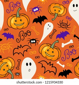Seamless vector pattern with pumpkins, bats, spooky and spiders. Halloween background.