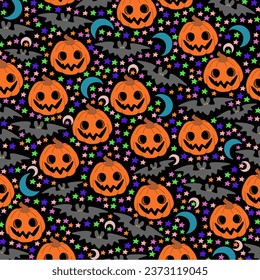 Seamless vector pattern pumpkins, bats, stars and moons on dark background.