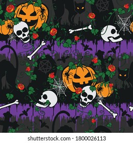 Seamless vector pattern with pumpkins and black cats on grey background. Gothic Halloween graveyard wallpaper design with red roses. Scary holiday fashion textile.