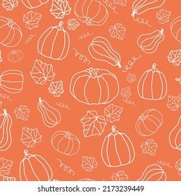 Seamless vector pattern with pumpkins and foliage. Hand drawn doodles. Wallpaper orange, brown background. Botanical print for fabric, textile, wrapping paper. Pumpkin harvest.