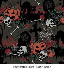 Seamless vector pattern with pumpkins and gravestones on grey background. Halloween wallpaper design with red roses. Holiday fashion textile.