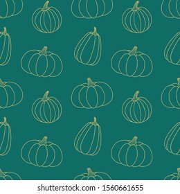 Seamless vector pattern with pumpkins. Hand drawn doodle pattern. Autumn wallpaper on dark green background. Botanical print for fabric, textile, wrapping paper. Pumpkin harvest.