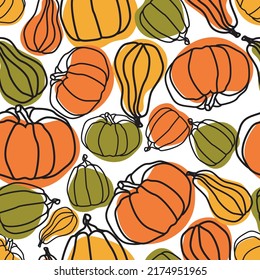  Seamless vector pattern with pumpkins. Hand drawn doodles. Wallpaper orange, yellow, green on a white background. Botanical print on fabric fabric, wrapping paper. Pumpkin harvest.