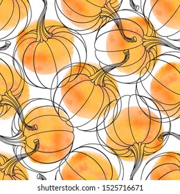 Seamless vector pattern with pumpkins,  orange watercolor shape on a white background. Nature background.