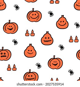 Seamless vector pattern with pumpkins and spiders on a white background for Halloween celebration. Template for printing, wallpaper decor.