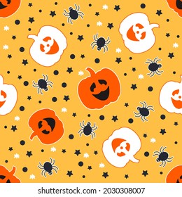 Seamless vector pattern with pumpkins, spiders and stars. An illustration for Halloween. Pattern for gift paper, textiles, web design.