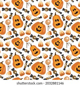 Seamless vector pattern with pumpkins and sweets. Traditional Halloween elements.