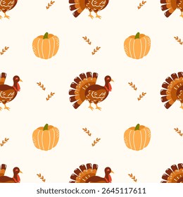 Seamless vector pattern with pumpkins, turkeys, and autumn leaves in warm fall colors. Ideal for Thanksgiving textiles, wrapping paper, and seasonal decorations.