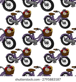 Seamless vector pattern of purple bicycles with baskets full of colorful flowers, perfect for summer themes and whimsical designs.