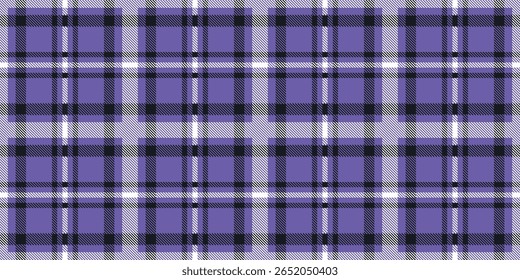Seamless vector pattern purple black white tartan plaid background traditional fabric textile texture geometric design stylish trendy winter fashion Scottish cloth print illustration wrapping