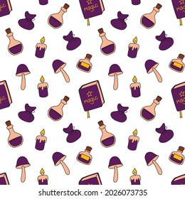 A seamless vector pattern in a purple color scheme with attributes for potions, books, mushrooms, flasks with potions, magic candles and a bag of herbs. For printing on fabric, packaging.