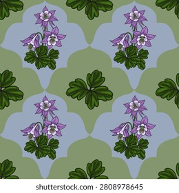 Seamless vector pattern with purple columbine flowers and decorative ogee shapes on a sage green background