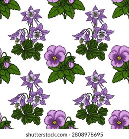 Seamless vector pattern with purple columbine and pansy flowers on a white background