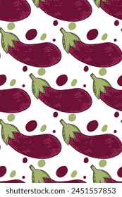 Seamless vector pattern. Purple eggplants with green tails, colored spots drawn in vector on a white background. Suitable for printing on textiles and paper, for textiles, dishes, kitchens, creativity