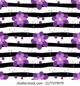 Seamless vector pattern with purple flowers on a background of black and white stripes.