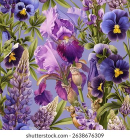 Seamless vector pattern with purple flowers isolated on a changeable background. Vintage painting style illustration.