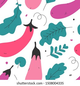 Seamless vector pattern with purple hand drawn eggplants with green leaves. Ripe aubergine endless repeat background. Colorful illustration in sketch cartoon style, good for wallpaper or textile print