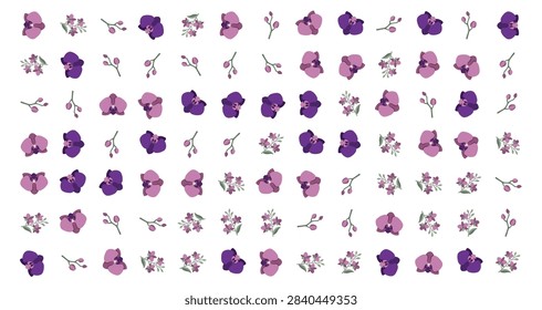 seamless vector pattern with purple orchid flowers and botanical elements on white background for spring design and beautiful nature decoration