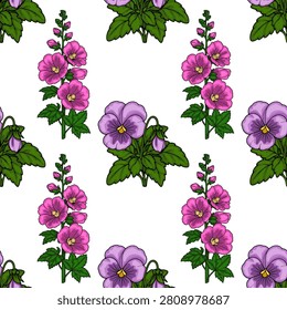 Seamless vector pattern with purple pansies and pink hollyhock flowers on white background