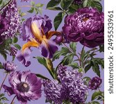 Seamless vector pattern with purple peony, lilac and iris flowers isolated on a changeable background.