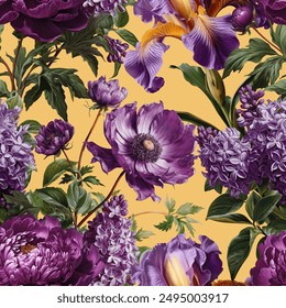 Seamless vector pattern with purple peony, lilac and iris flowers isolated on a changeable background.