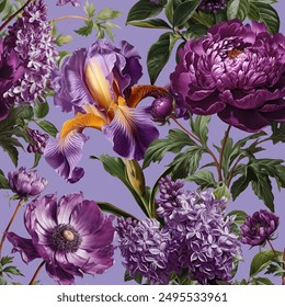 Seamless vector pattern with purple peony, lilac and iris flowers isolated on a changeable background.