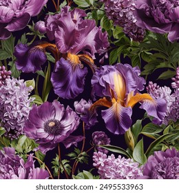 Seamless vector pattern with purple peony, lilac and iris flowers isolated on a changeable background.