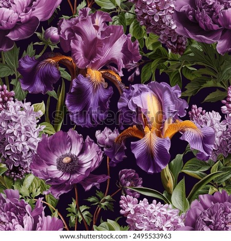 Seamless vector pattern with purple peony, lilac and iris flowers isolated on a changeable background.