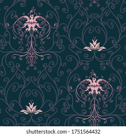 Seamless vector pattern with purple phoenix on blue background. Beautiful floral vintage wallpaper design with curved lines.