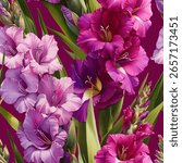 Seamless vector pattern with purple and pink gladiolus flowers isolated on a changeable background. Vintage painting style illustration.