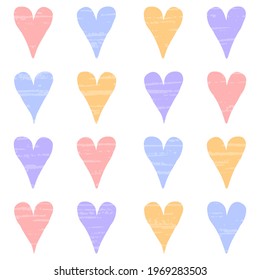 Seamless vector pattern with purple pink blue yellow hearts on a white background with texture. Pastel illustrations. Beautiful tiles, wrapping, cover, textiles, postcard.