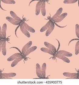 Seamless vector pattern with purple shiny dragonfly on a tender pink background. Can be used for wallpaper, pattern fills, web page background, surface textures. Vector boho design.