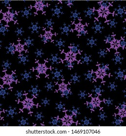 A seamless vector pattern with purple snowflakes on dark background. Surface print design.