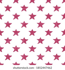 Seamless vector pattern with purple stars on a textured white background. Festive cover and wrapping background. Abstract cute illustration.