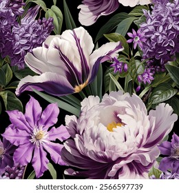 Seamless vector pattern with purple and white spring flowers isolated on a changeable background. Vintage painting style illustration.