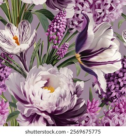 Seamless vector pattern with purple and white spring flowers isolated on a changeable background. Vintage painting style illustration.