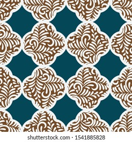 A seamless vector pattern with quatrefoil gingerbread cookies on a teal background. Surface print design. great for christmas gift wrap.
