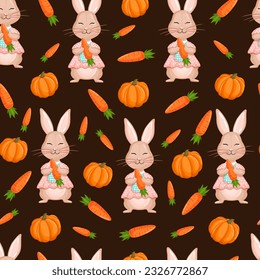 Seamless vector pattern with rabbit, carrot and pumpkin. Vector illustration for fabric, texture, wallpaper, poster, postcard. Editable elements. Autumn design.