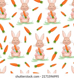 Seamless vector pattern with rabbit and carrots. Vector illustration for fabric, texture, wallpaper, poster, postcard. Editable elements.